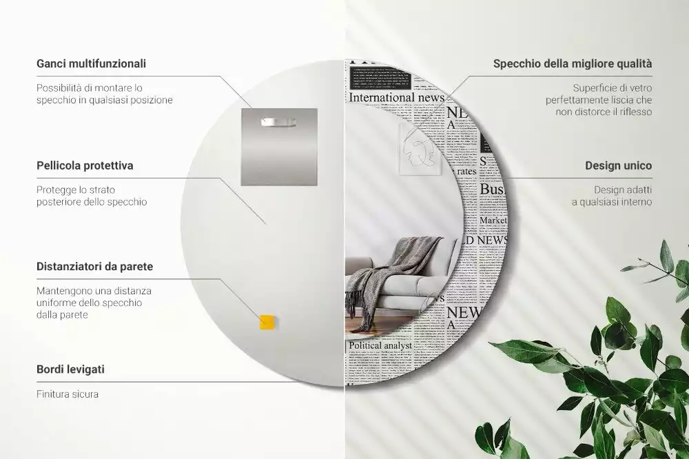 Lustro z okrągłą ramą z nadrukiem w motywie gazet