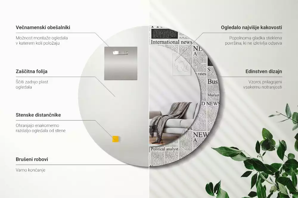 Lustro z okrągłą ramą z nadrukiem w motywie gazet