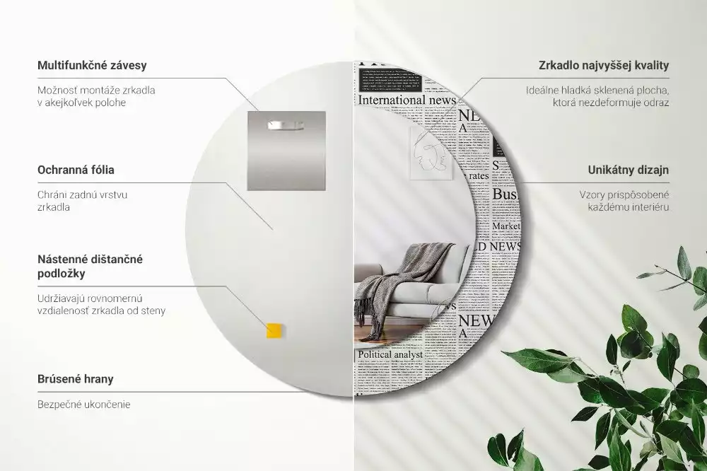 Lustro z okrągłą ramą z nadrukiem w motywie gazet