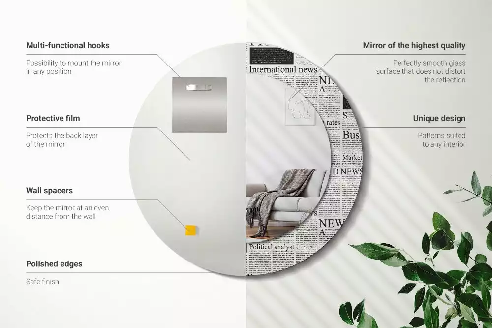 Lustro z okrągłą ramą z nadrukiem w motywie gazet