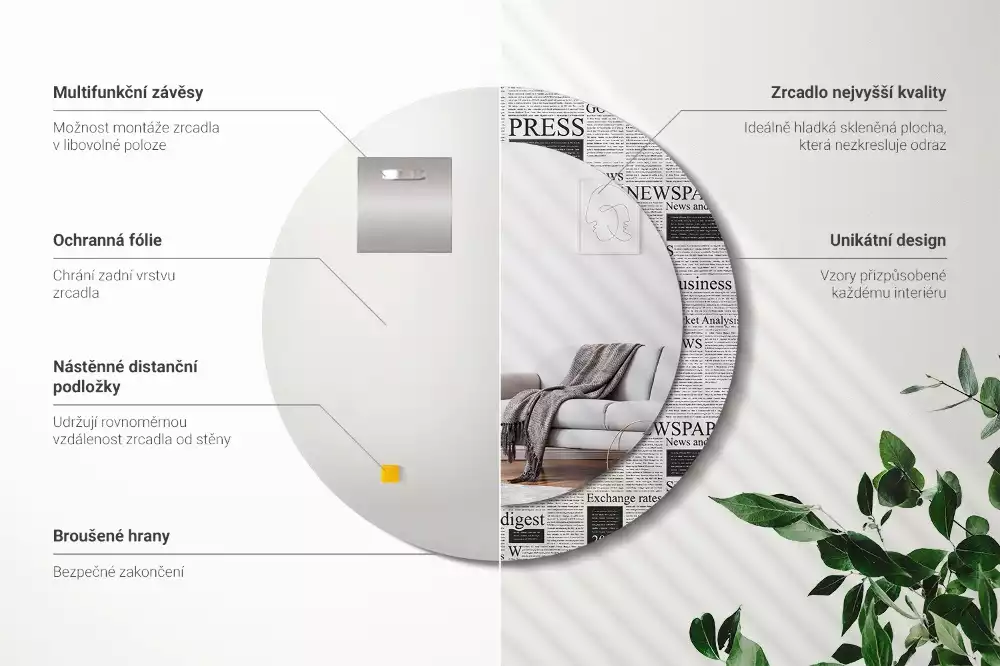 Lustro z okrągłą ramą z nadrukiem w motywie gazet