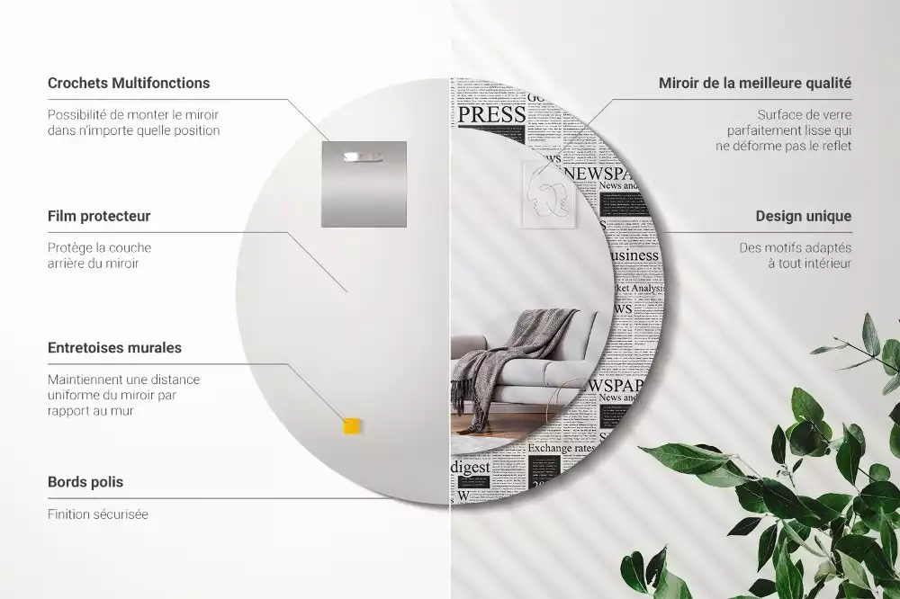 Lustro z okrągłą ramą z nadrukiem w motywie gazet