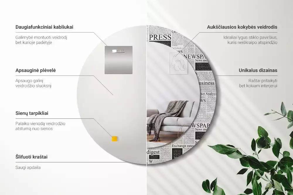 Lustro z okrągłą ramą z nadrukiem w motywie gazet