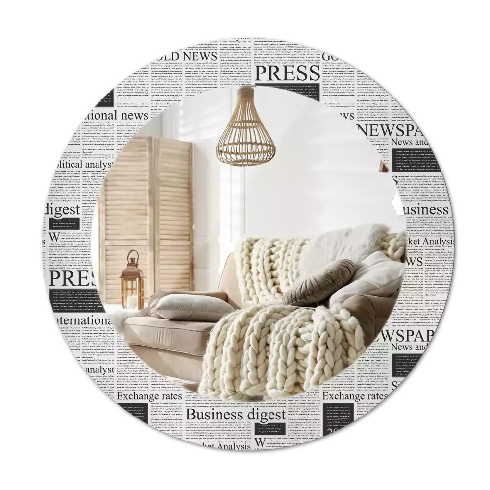 Lustro z okrągłą ramą z nadrukiem w motywie gazet