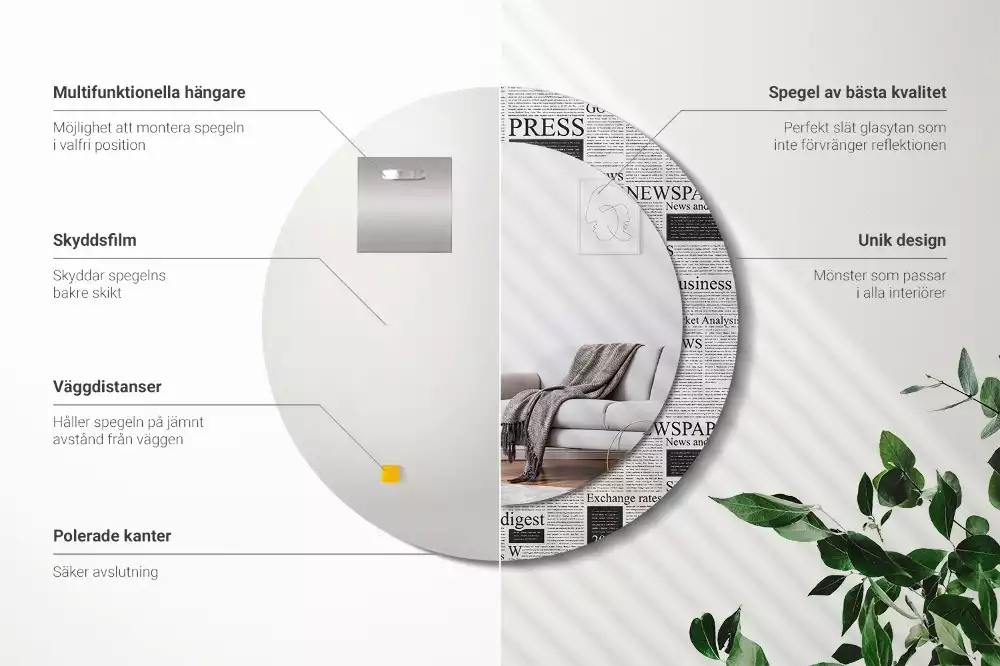 Lustro z okrągłą ramą z nadrukiem w motywie gazet