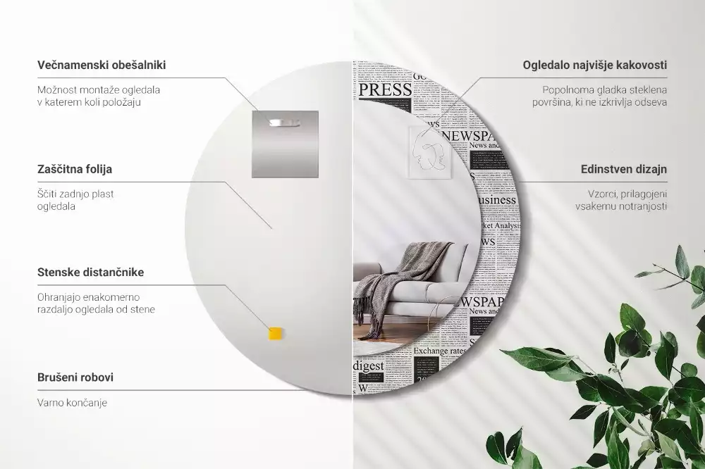 Lustro z okrągłą ramą z nadrukiem w motywie gazet