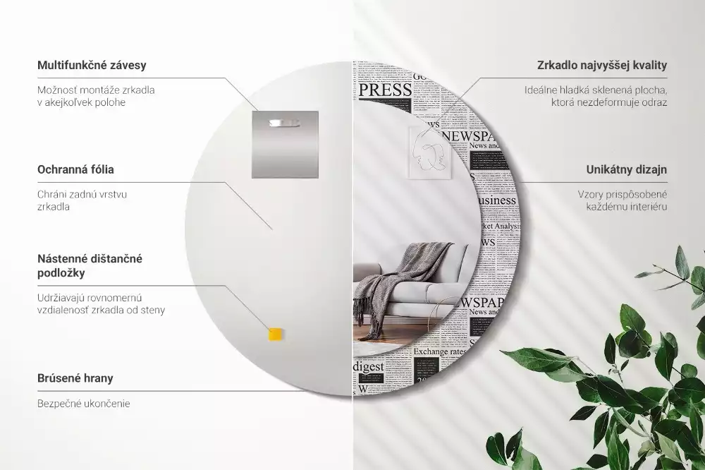 Lustro z okrągłą ramą z nadrukiem w motywie gazet