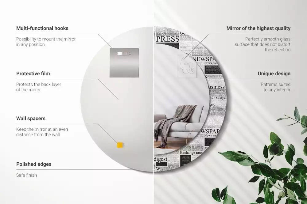 Lustro z okrągłą ramą z nadrukiem w motywie gazet