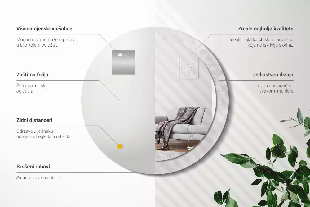 Lustro okrągłe z drukowaną ramką w motywem tekstury rococo