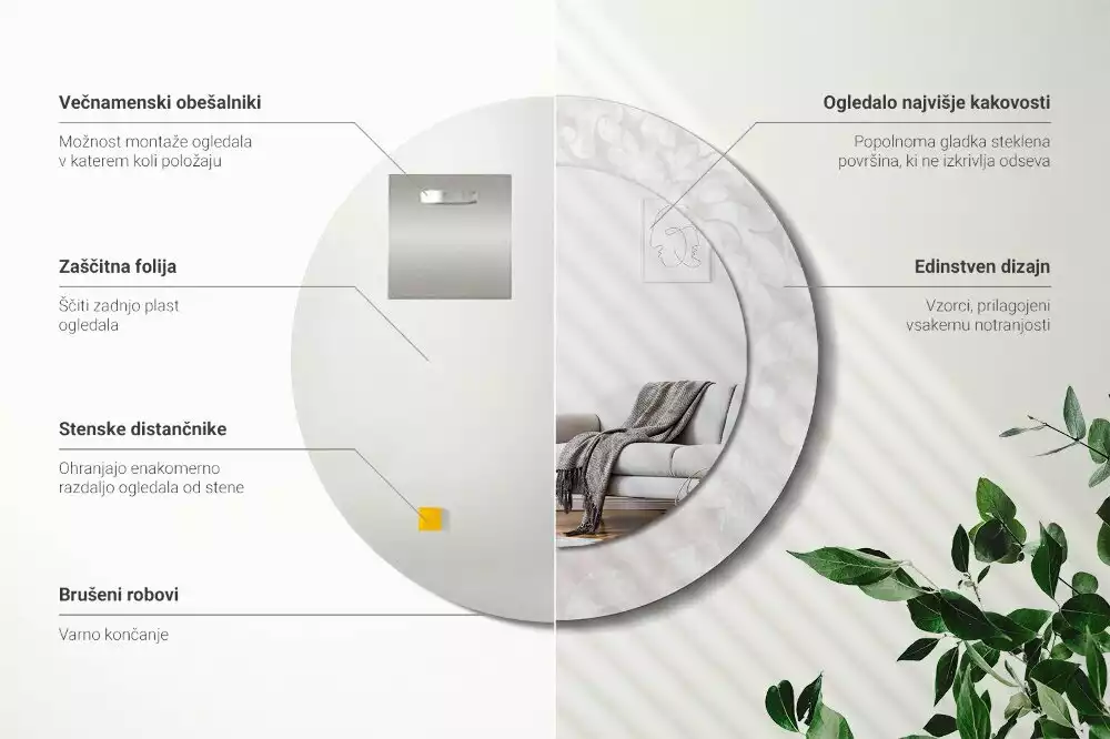 Lustro okrągłe z drukowaną ramką w motywem tekstury rococo