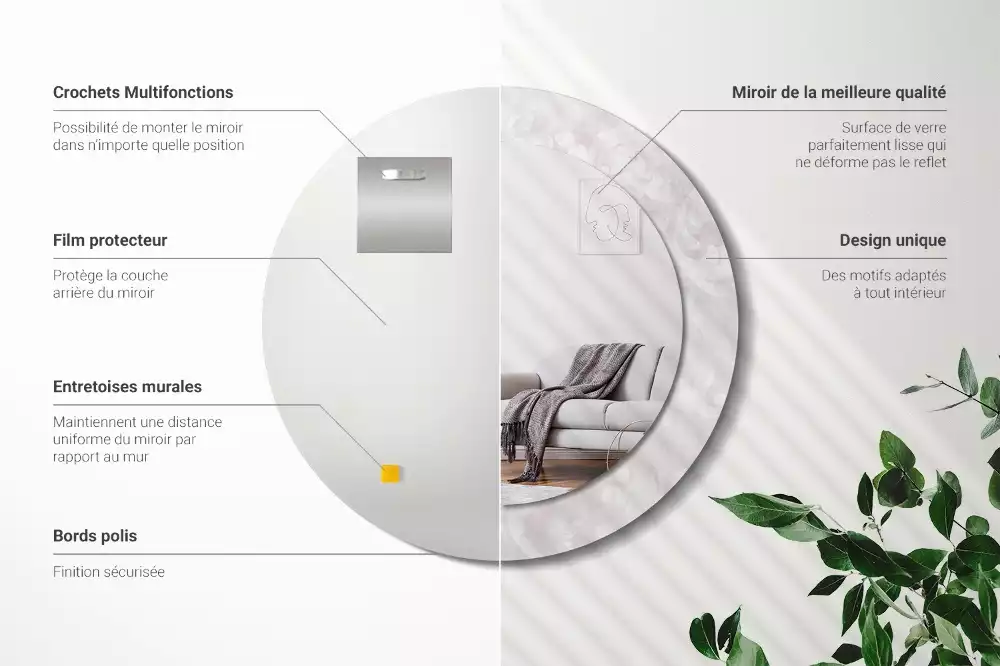 Lustro okrągłe z drukowaną ramką w motywem tekstury rococo