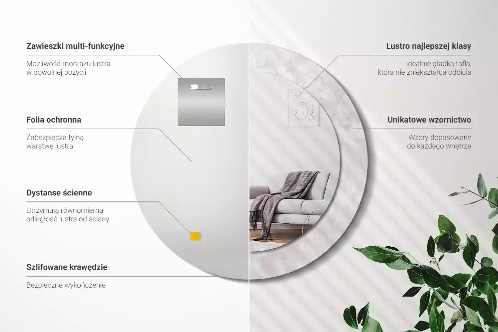 Lustro okrągłe z drukowaną ramką w motywem tekstury rococo