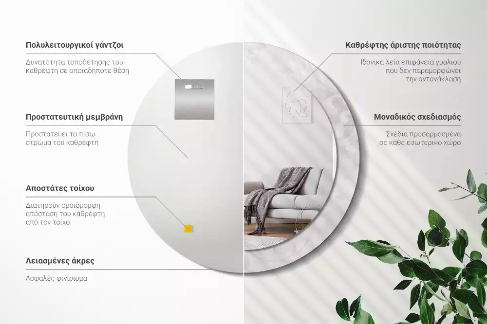 Lustro okrągłe z drukowaną ramką w motywem tekstury rococo