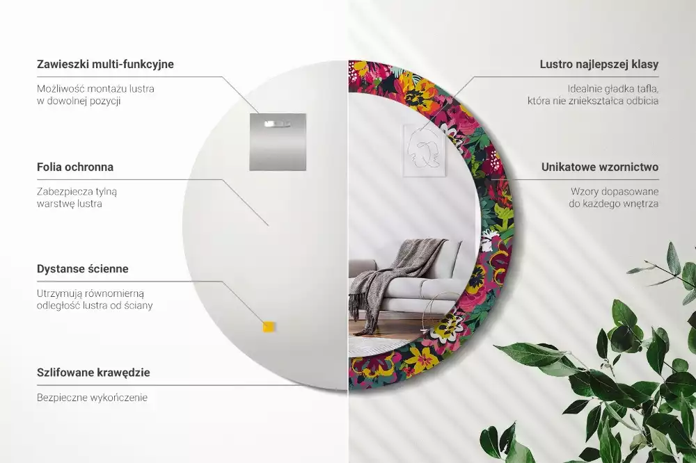 Lustro w ramie z nadrukiem przedstawiającym malowane kwiaty