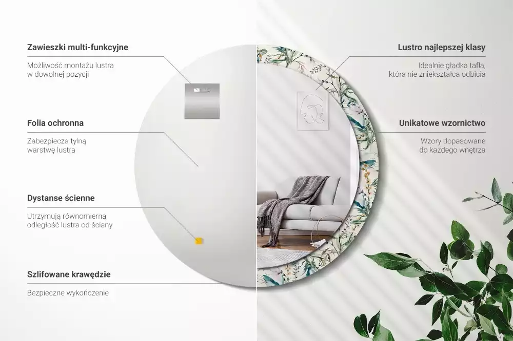 Lustro z drukowaną ramką o motywie kwiatów akwarelowych