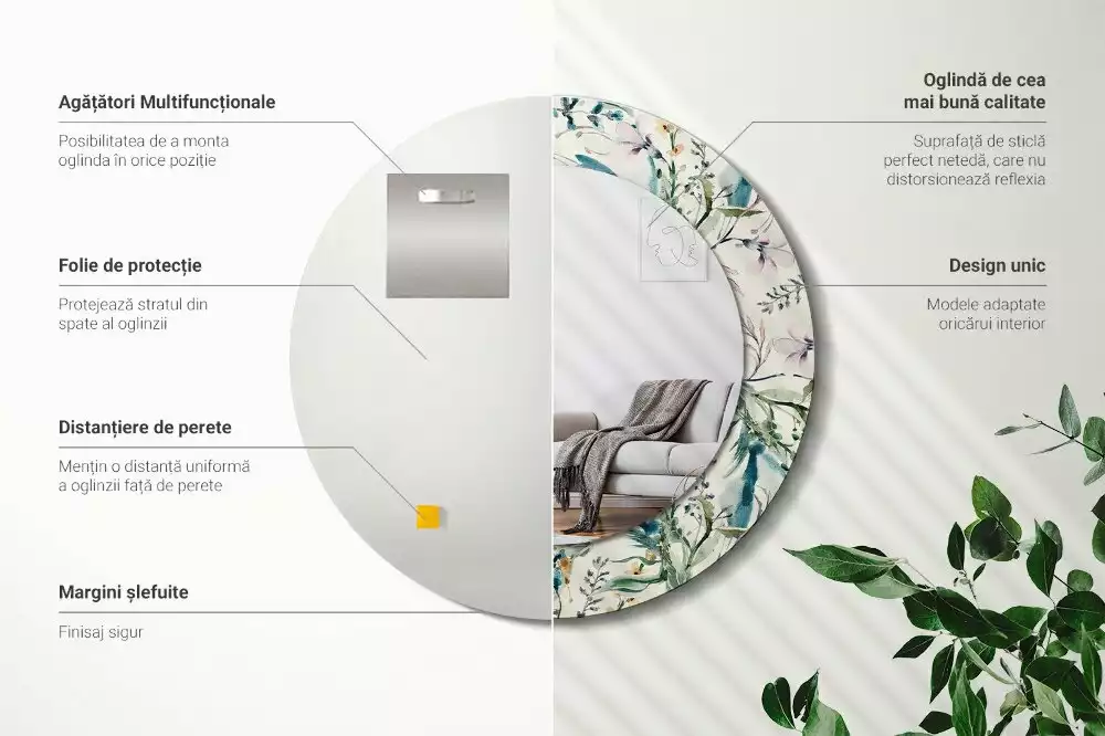 Lustro z drukowaną ramką o motywie kwiatów akwarelowych