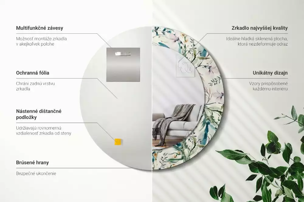 Lustro z drukowaną ramką o motywie kwiatów akwarelowych