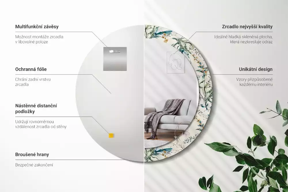 Lustro z drukowaną ramką o motywie kwiatów akwarelowych