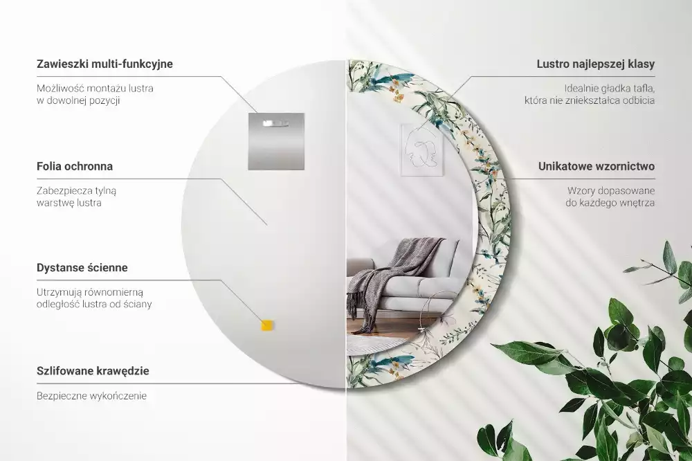 Lustro z drukowaną ramką o motywie kwiatów akwarelowych