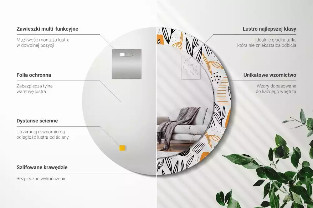 Lustro ścienne dekoracyjne w kształcie okrągłym z motywem papai