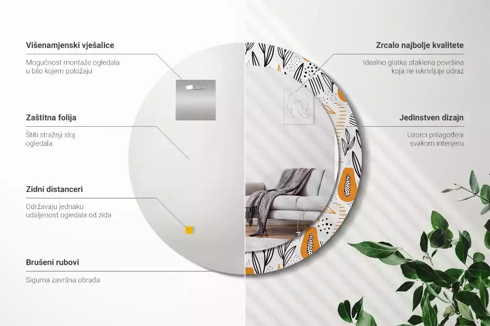 Lustro ścienne dekoracyjne w kształcie okrągłym z motywem papai