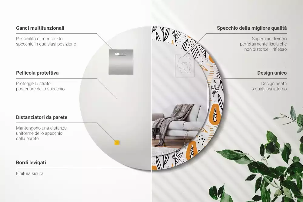 Lustro ścienne dekoracyjne w kształcie okrągłym z motywem papai