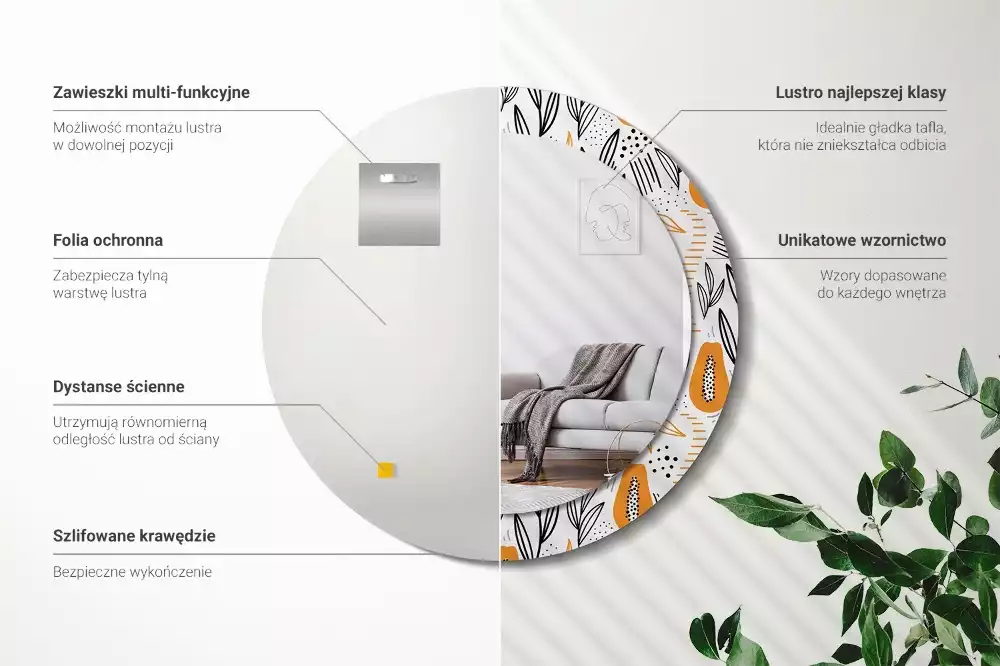 Lustro ścienne dekoracyjne w kształcie okrągłym z motywem papai