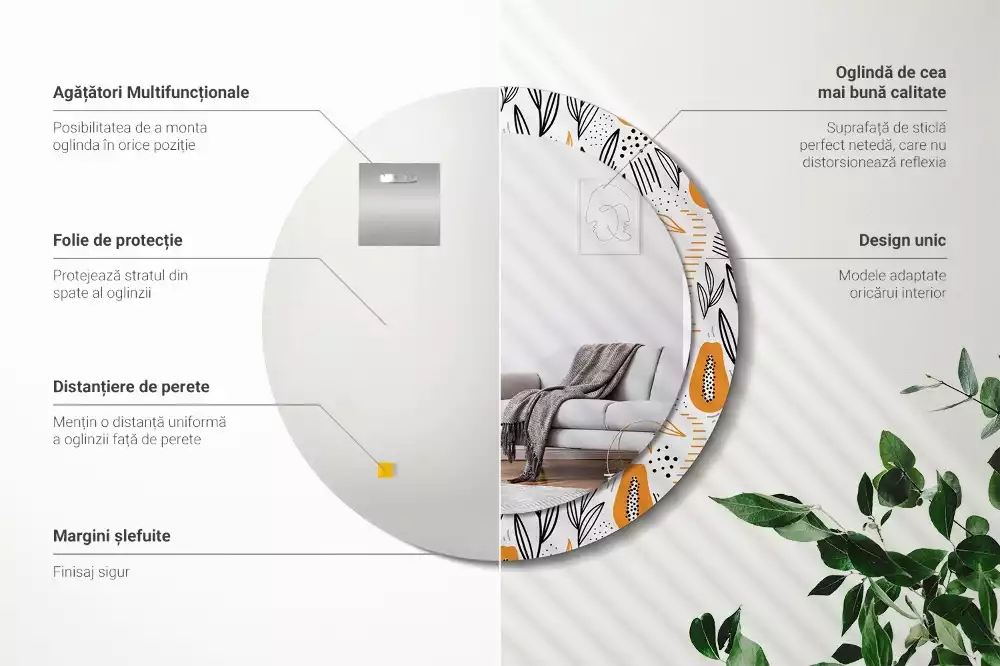 Lustro ścienne dekoracyjne w kształcie okrągłym z motywem papai