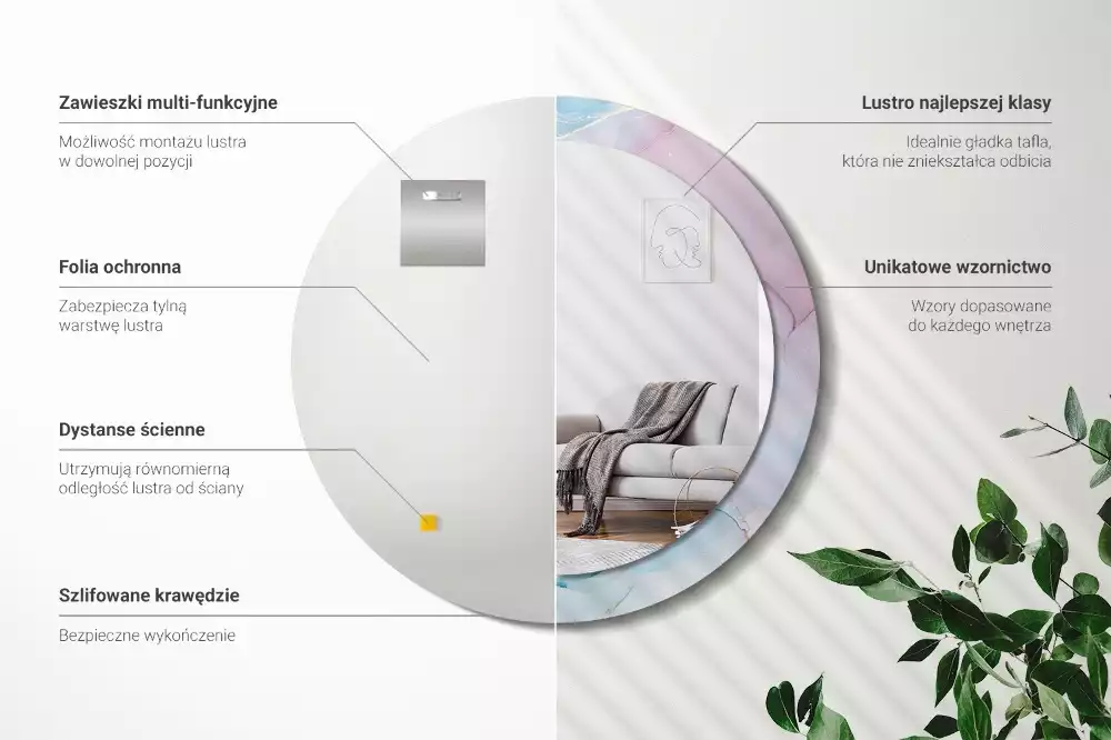 Lustro w ramie z nadrukiem w marmurowym stylu o okrągłym kształcie