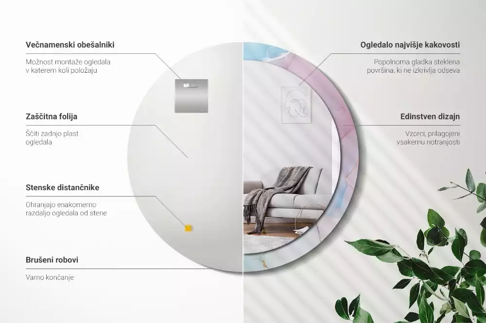 Lustro w ramie z nadrukiem w marmurowym stylu o okrągłym kształcie