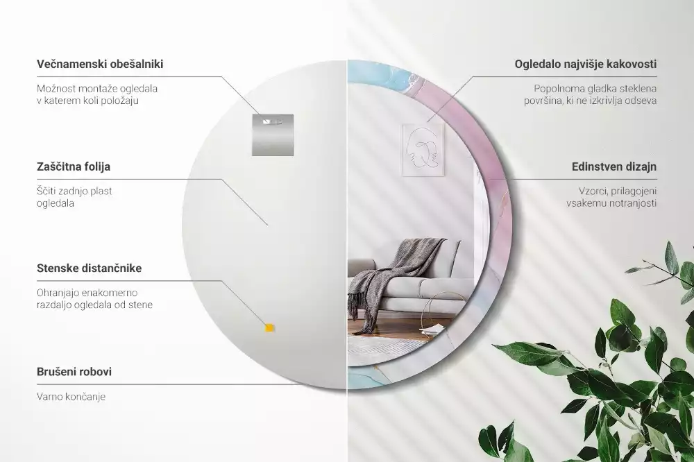 Lustro w ramie z nadrukiem w marmurowym stylu o okrągłym kształcie