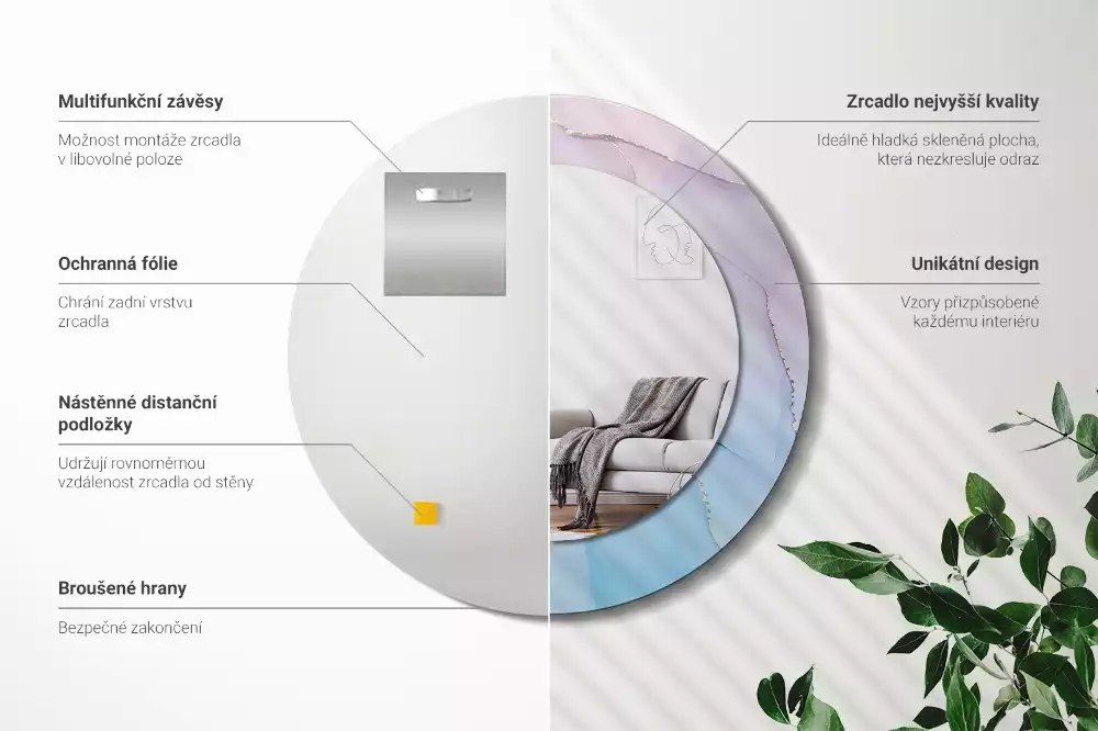 Lustro w ramie z nadrukiem w marmurowym stylu o okrągłym kształcie