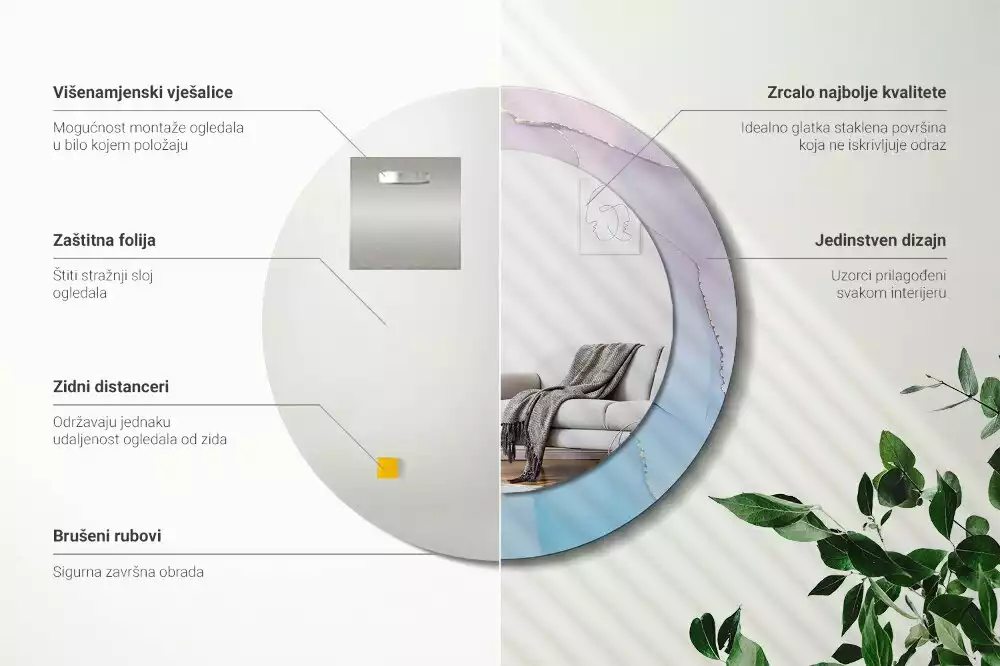 Lustro w ramie z nadrukiem w marmurowym stylu o okrągłym kształcie