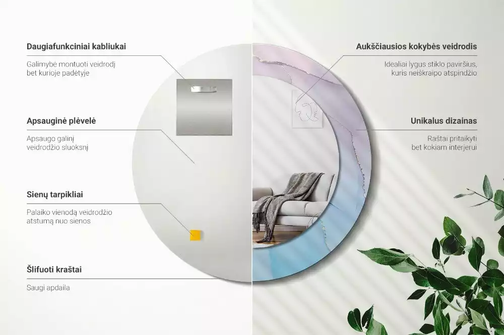 Lustro w ramie z nadrukiem w marmurowym stylu o okrągłym kształcie