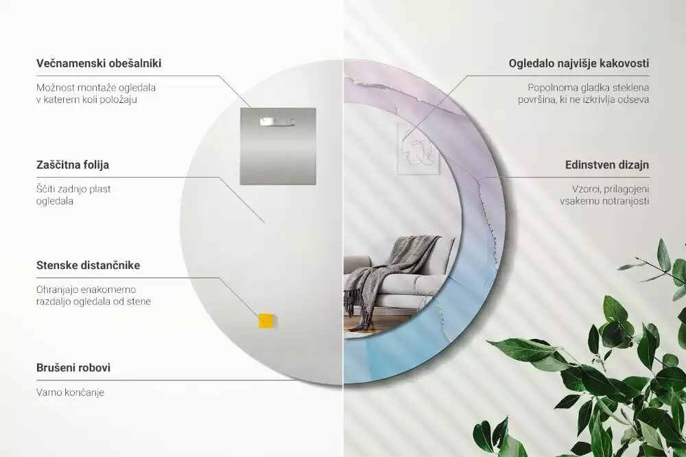 Lustro w ramie z nadrukiem w marmurowym stylu o okrągłym kształcie