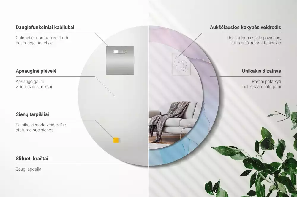 Lustro w ramie z nadrukiem w marmurowym stylu o okrągłym kształcie