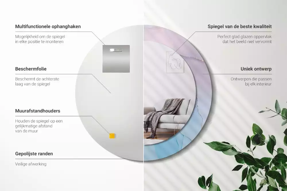 Lustro w ramie z nadrukiem w marmurowym stylu o okrągłym kształcie