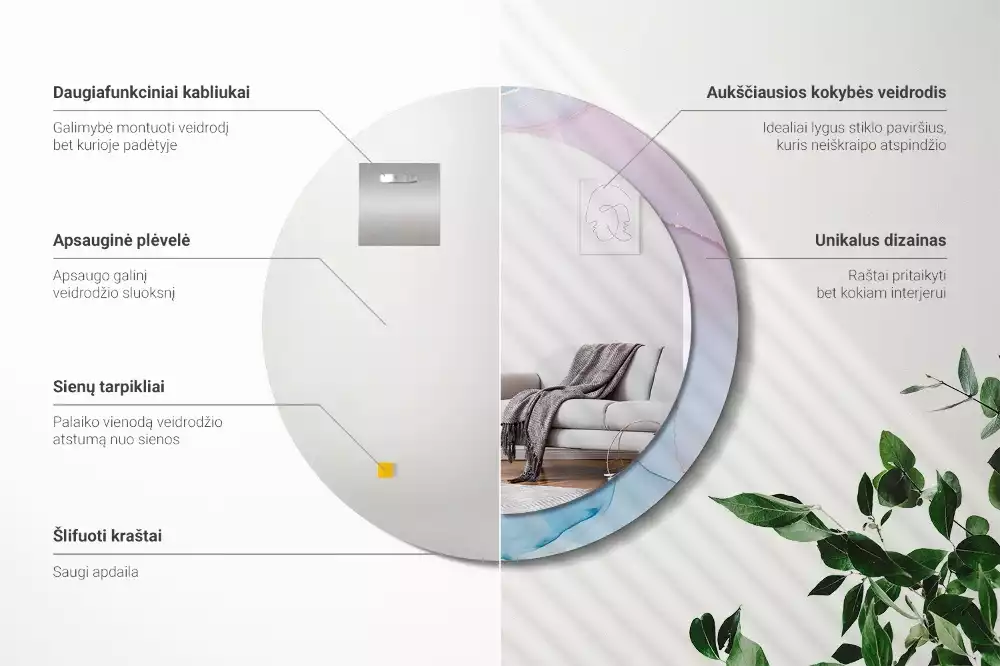 Lustro w ramie z nadrukiem w marmurowym stylu o okrągłym kształcie