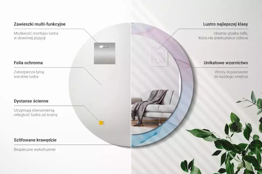 Lustro w ramie z nadrukiem w marmurowym stylu o okrągłym kształcie