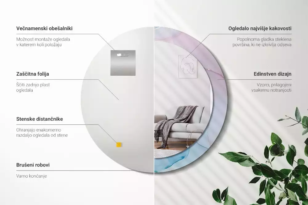 Lustro w ramie z nadrukiem w marmurowym stylu o okrągłym kształcie