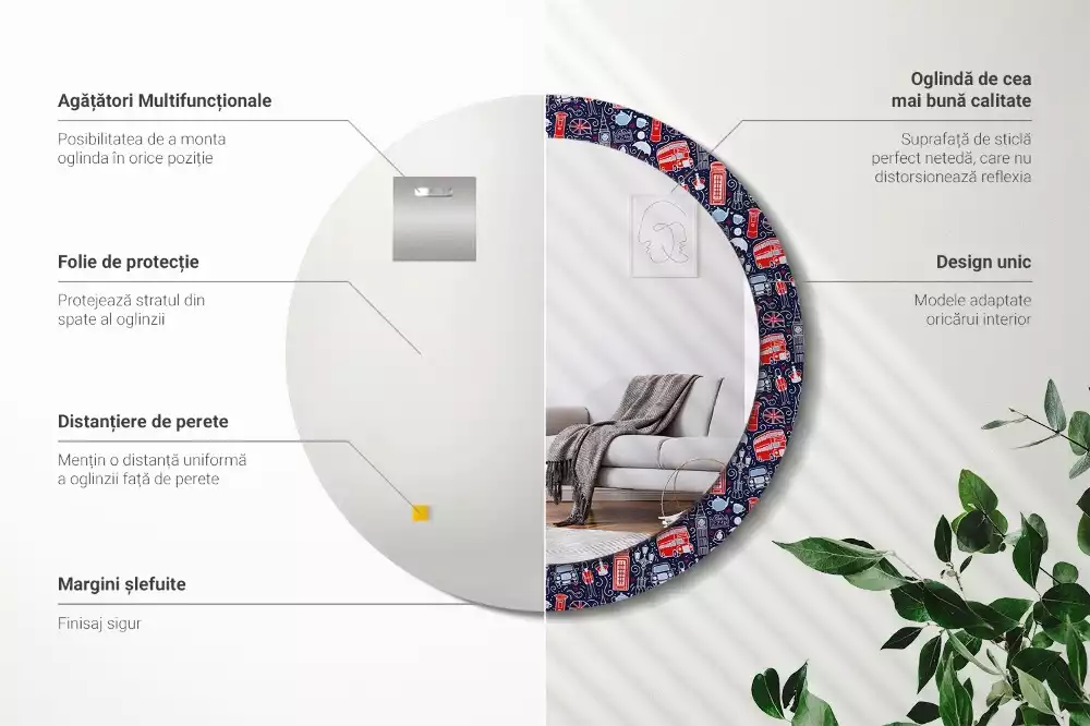 Lustro z okrągłą ramką i nadrukiem w stylu Londynu