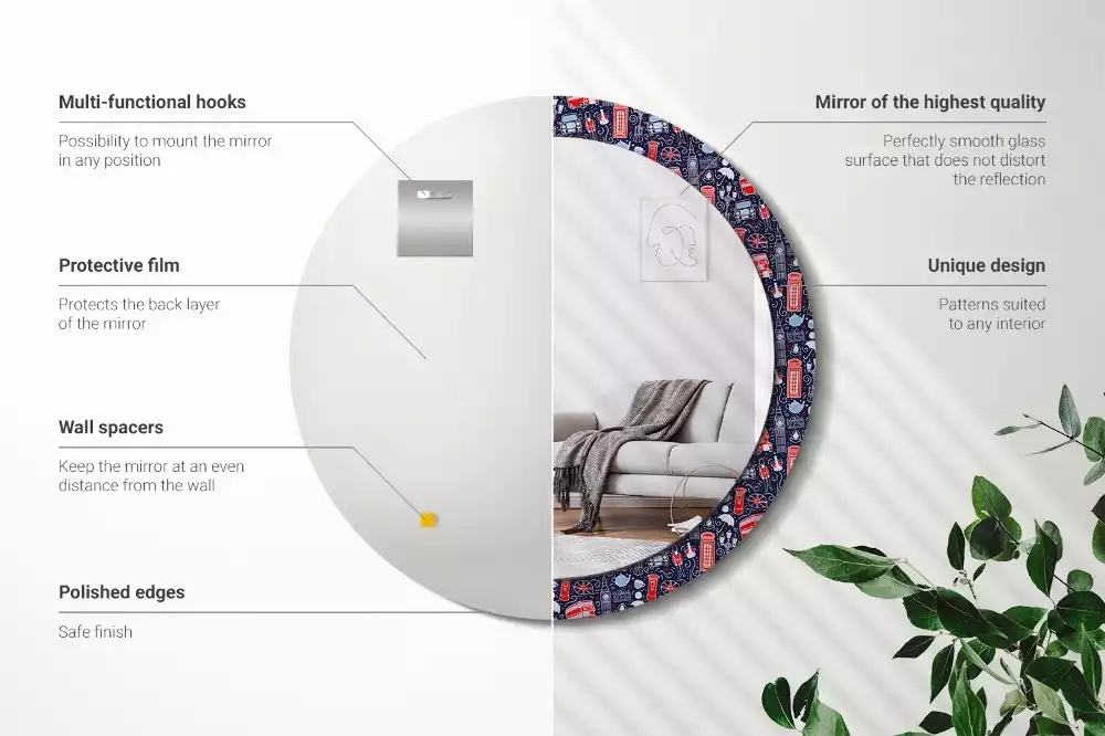 Lustro z okrągłą ramką i nadrukiem w stylu Londynu