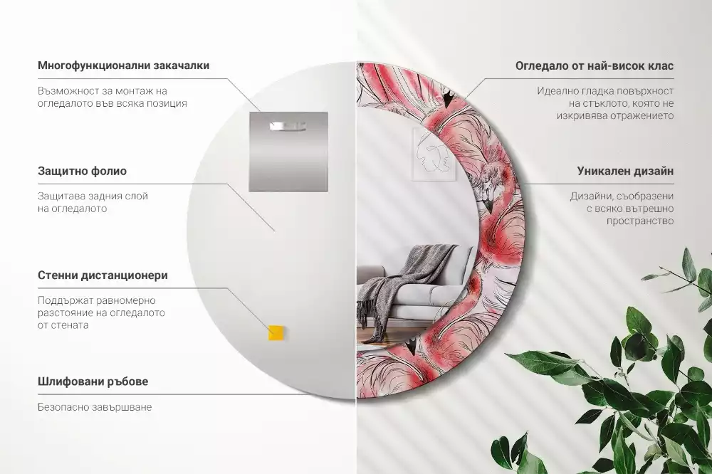 Lustro ścienne dekoracyjne w kształcie okręgu z motywem flamingów