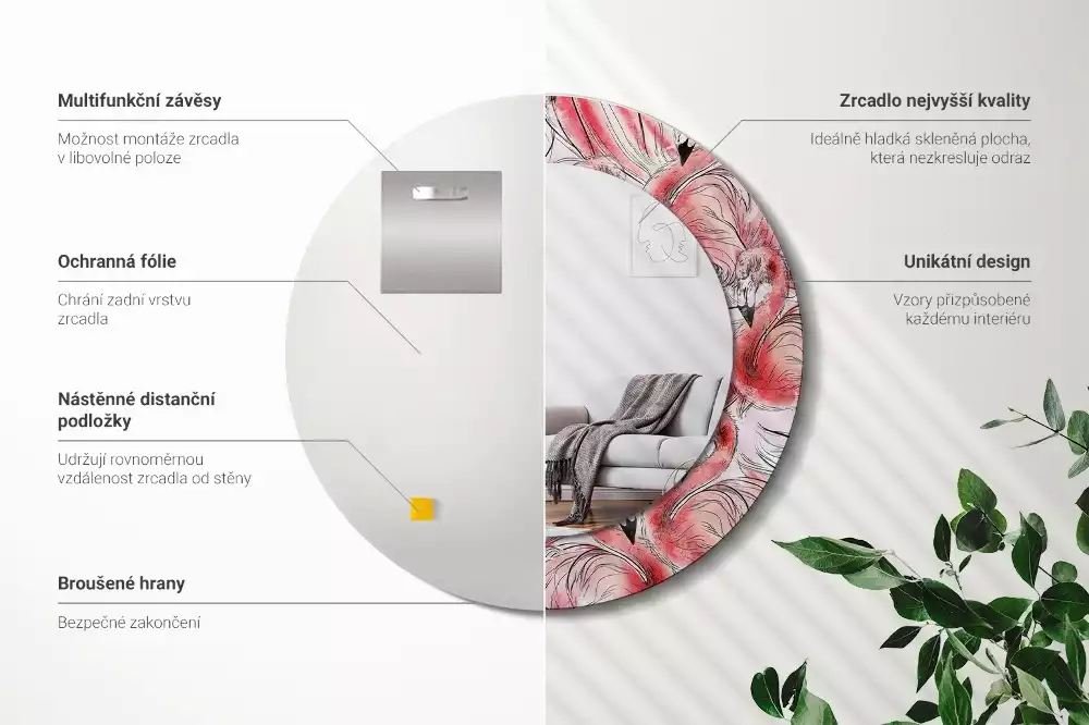 Lustro ścienne dekoracyjne w kształcie okręgu z motywem flamingów