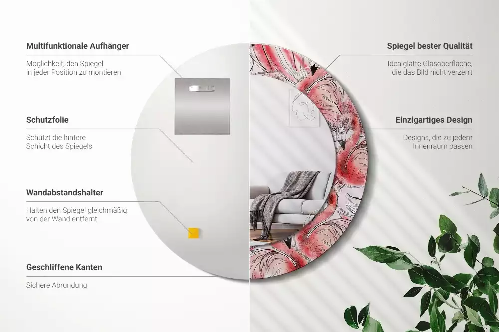 Lustro ścienne dekoracyjne w kształcie okręgu z motywem flamingów