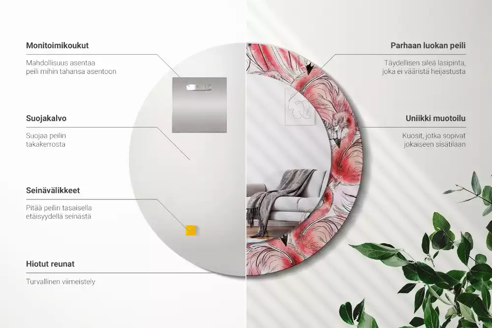 Lustro ścienne dekoracyjne w kształcie okręgu z motywem flamingów