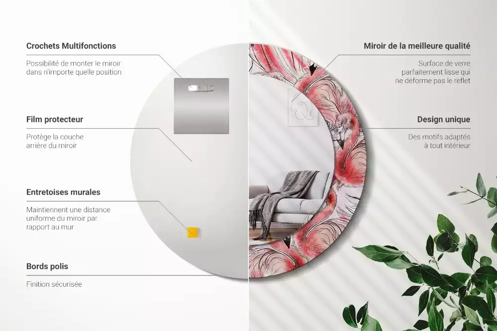 Lustro ścienne dekoracyjne w kształcie okręgu z motywem flamingów