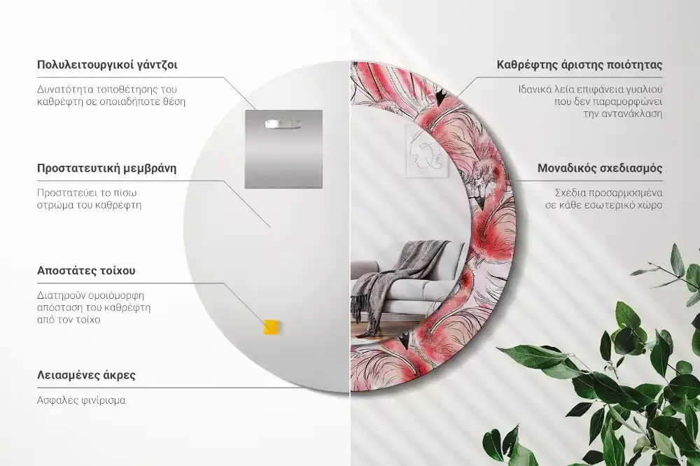 Lustro ścienne dekoracyjne w kształcie okręgu z motywem flamingów