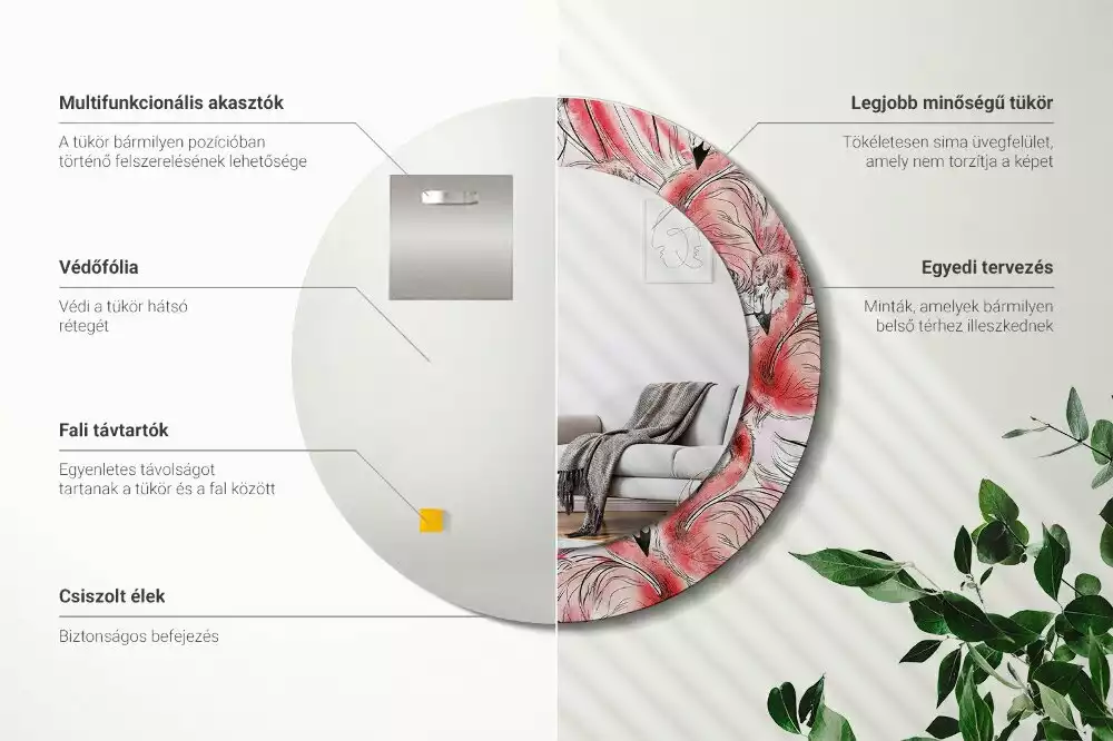 Lustro ścienne dekoracyjne w kształcie okręgu z motywem flamingów