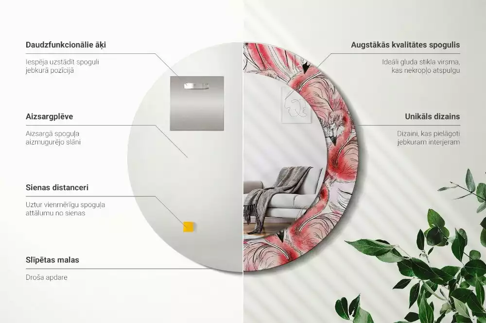 Lustro ścienne dekoracyjne w kształcie okręgu z motywem flamingów